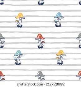 Colorful Fly Agaric Seamless Pattern. Vector Multicolor Striped Background with Poisonous Mushrooms.