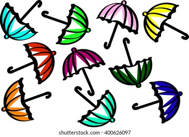 colorful fly, soaring umbrellas background. Flat Design