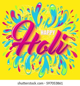 Colorful Flyer, Banner or Pamphlet design for Indian Festival of Colors. Holi lettering. Splash colored water.