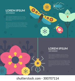 Colorful flyer collection with butterflies and other insects. Summer illustratuin. Place for your text.