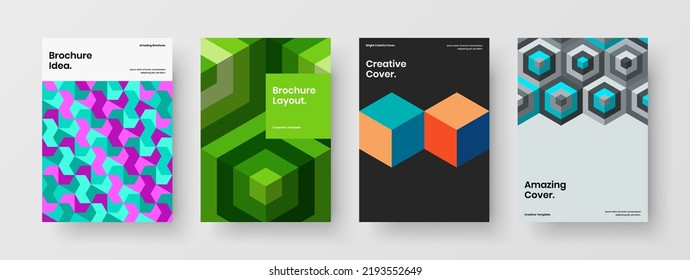 Colorful flyer design vector layout set. Vivid mosaic hexagons booklet illustration bundle.