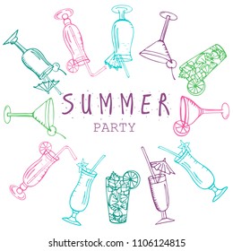 Colorful flyer for summer party. Hand drawn. Invitation in night club. Invitation to beach party. Cocktails on  white background