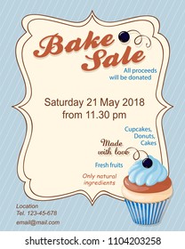 Colorful flyer template for bake sale promotion or banner for shop, store, cafeteria or bakery cafe menu with realistic blueberry cupcake. eps10.

