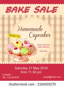 Colorful flyer template for bake sale promotion or banner for shop, store, cafeteria or bakery cafe menu with realistic cupcakes on the plate. eps10.
