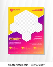Colorful flyer template design use combination yellow, purple, pink gradient. hexagon shape for space of photo collage. 