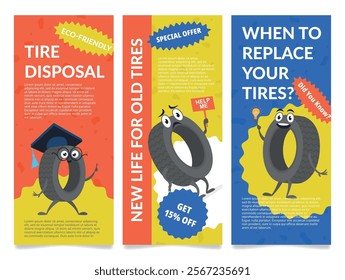 Colorful flyers promote an eco-friendly approach to tire disposal. They highlight a special offer and provide guidance on replacing old tires at local events.