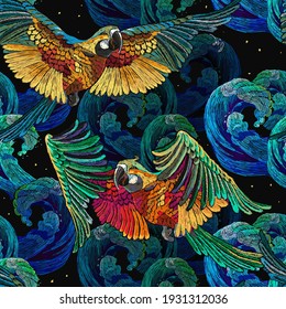 Colorful flying ara parrots and sea waves seamless pattern. Macaws. Magic romantic tropical background. Fashionable template for design of clothes, textiles 