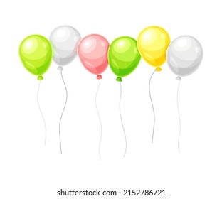 Colorful flying balloons with rope. Birthday party or holidays celebration vector illustration