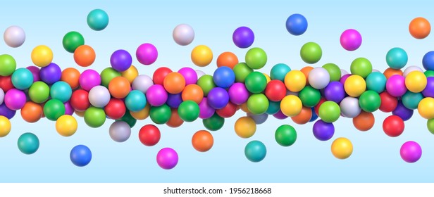 Colorful flying balls. Many multicolored balls flying over blue background. Realistic vector background