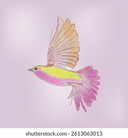 Colorful Flying Bird Illustration with Pink and Yellow Hues on Soft Background 