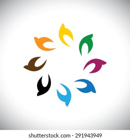 colorful flying birds in circle - vector icon. This can also represent team, teamwork, happiness, community