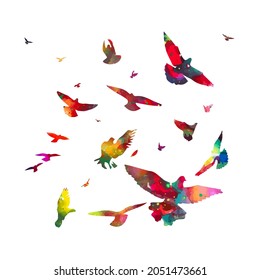 Colorful flying birds. Birds migrating to the south. Vector illustration