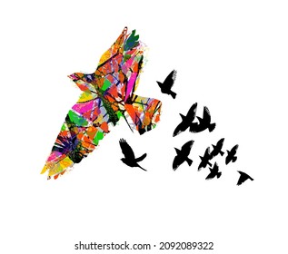 Colorful flying birds. Birds migrating to the south. Vector illustration