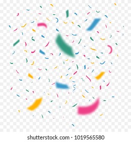 Colorful flying confetti in different focus. Celebration color ribbons. Festival decor with falling glitter. Vector illustration.