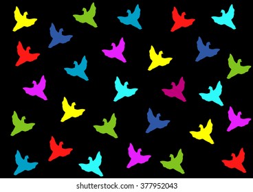 colorful flying doves on black background