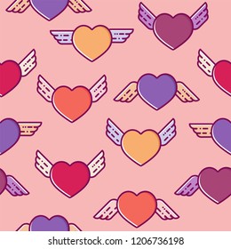 Colorful flying heart seamless pattern. Flat line design, vector illustration for valentines day, packing, fabric, clothes print