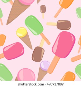 Colorful flying ice creams, seamless pattern on pink background