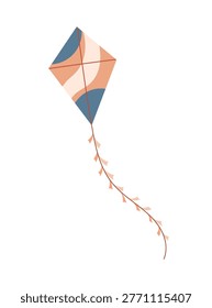 Colorful flying kite with long tail, playful childhood toy, minimal flat vector illustration isolated on white background, leisure and outdoor activity concept