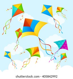 Colorful Flying Kite On Sky Background. Vector Illustration