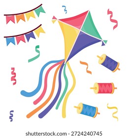 Pipa voadora colorida com carretéis de rosca e bandeiras de bunting.