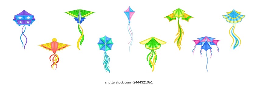 Colorful Flying Kite Toy with Tail Vector Set