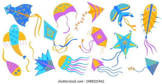 Colorful flying kites cartoon illustration collection. Different types of toy kites in wind in form of squid, butterfly, star. Festival, kids games, summer concept
