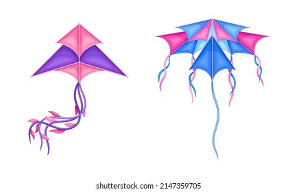 Colorful flying kites with ribbons, summer game element cartoon vector illustration