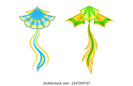 Colorful flying kites set. Festival kite with ribbons, summer game element cartoon vector illustration