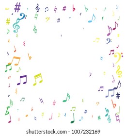 Colorful flying musical notes isolated on white backdrop. Fun musical notation symphony signs, notes for sound and tune music. Vector symbols for melody recording, prints and back layers.