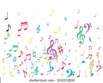 Colorful flying musical notes isolated on white backdrop. Fresh musical notation symphony signs, notes for sound and tune music. Vector symbols for melody recording, prints and back layers.