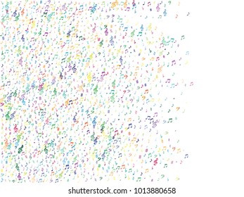 Colorful flying musical notes isolated on white backdrop. Childish musical notation symphony signs, notes for sound and tune music. Vector symbols for melody recording, prints and back layers.