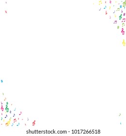 Colorful flying musical notes isolated on white backdrop. Fun musical notation symphony signs, notes for sound and tune music. Vector symbols for melody recording, prints and back layers.