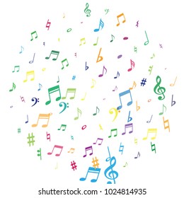 Colorful flying musical notes isolated on white background. Rainbow musical notation symphony signs, notes for sound and tune music. Vector symbols for melody recording, prints and back layers.