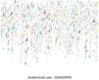 Colorful flying musical notes isolated on white backdrop. Rainbow musical notation symphony signs, notes for sound and tune music. Vector symbols for melody recording, prints and back layers.