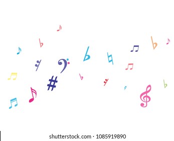 Colorful flying musical notes isolated on white backdrop. Child musical notation symphony signs, notes for sound and tune music. Vector symbols for melody recording, prints and back layers.