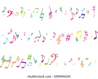 Colorful flying musical notes isolated on white background. Cute musical notation symphony signs, notes for sound and tune music. Vector symbols for melody recording, prints and back layers.