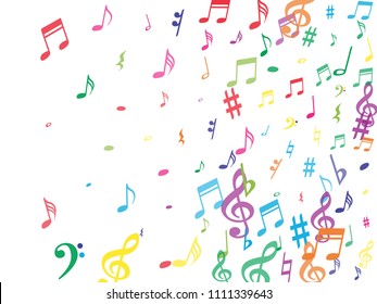 Colorful flying musical notes isolated on white background. Cute musical notation symphony signs, notes for sound and tune music. Vector symbols for melody recording, prints and back layers.