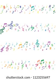 Colorful flying musical notes isolated on white backdrop. Child musical notation symphony signs, notes for sound and tune music. Vector symbols for melody recording, prints and back layers.