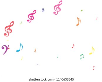 Colorful flying musical notes isolated on white backdrop. Fresh musical notation symphony signs, notes for sound and tune music. Vector symbols for melody recording, prints and back layers.