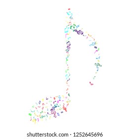 Colorful flying musical notes isolated on white background.  Bright musical notation symphony signs, notes for sound and tune music. Vector symbols for melody recording, print design or back layers.