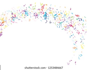 Colorful flying musical notes isolated on white background. Contrast musical notation symphony signs, notes for sound and tune music. Vector symbols for melody recording, print design or back layers.