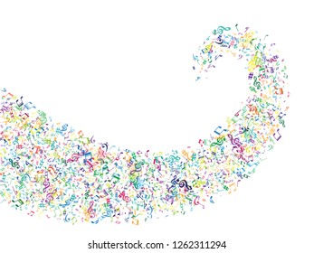 Colorful flying musical notes isolated on white background. Stylish musical notation symphony signs, notes for sound and tune music. Vector symbols for melody recording, print design or back layers.