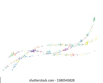 Colorful flying musical notes isolated on white backdrop. Cute musical notation symphony signs, notes for sound and tune music. Vector symbols for melody recording, print design or back layers.