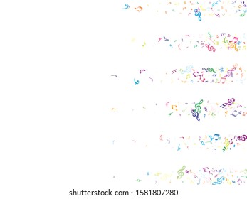 Colorful flying musical notes isolated on white backdrop. Fresh musical notation symphony signs, notes for sound and tune music. Vector symbols for melody recording, print design or back layers.