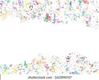 Colorful flying musical notes isolated on white background. Colored musical notation symphony signs, notes for sound and tune music. Vector symbols for melody recording, print design or back layers.