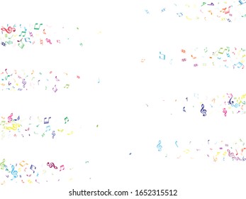 Colorful flying musical notes isolated on white background. Fresh musical notation symphony signs, notes for sound and tune music. Vector symbols for melody recording, print design or back layers.