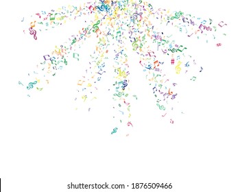 Colorful flying musical notes isolated on white background. Bright musical notation symphony signs, notes for sound and tune music. Vector symbols for melody recording, print design and back layers.