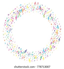Colorful flying musical notes isolated on white background. Cute musical notation symphony signs, notes for sound and tune music. Vector symbols for melody recording, prints and back layers.