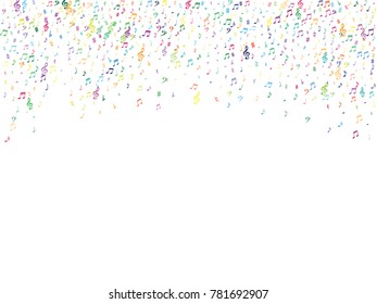 Colorful flying musical notes isolated on white background. Color musical notation symphony signs, notes for sound and tune music. Vector symbols for melody recording, prints and back layers.