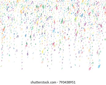 Colorful flying musical notes isolated on white background. Stylish musical notation symphony signs, notes for sound and tune music. Vector symbols for melody recording, prints and back layers.